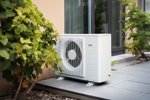 Air source heat pump installed in residential building. Generative AI