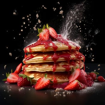 Commercial photograph of a powerful explosion of pancakes topped with strawberries.
