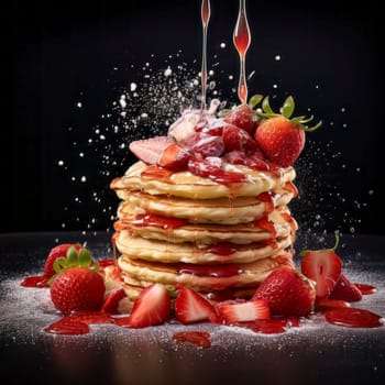 Commercial photograph of a powerful explosion of pancakes topped with strawberries.