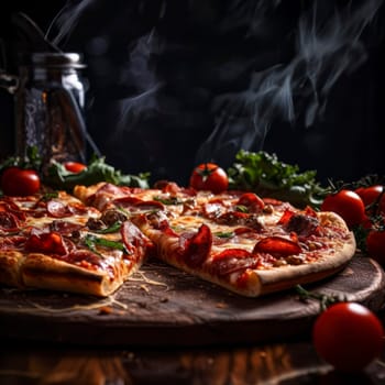 A tantalizing shot of a mouth-watering pizza, showcasing the melty cheese and array of toppings.