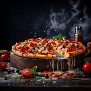 A tantalizing shot of a mouth-watering pizza, showcasing the melty cheese and array of toppings.
