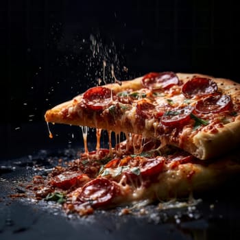 A tantalizing shot of a mouth-watering pizza, showcasing the melty cheese and array of toppings.