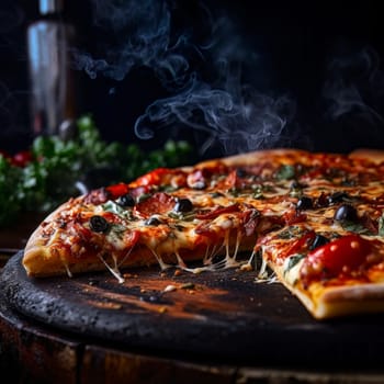 A tantalizing shot of a mouth-watering pizza, showcasing the melty cheese and array of toppings.