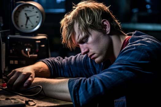 Capture the moment when an exhausted worker has dozed off during work, highlighting the challenges of fatigue in the workplace.
