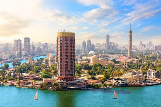 Cairo downtown panorama on the Tower, Nile and hotels, Egypt.