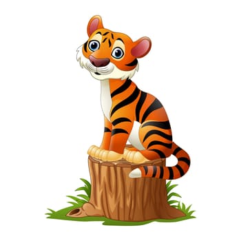Cartoon tiger sitting on tree log