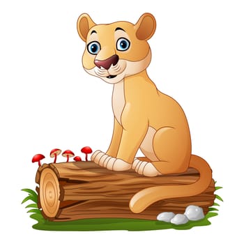 Cartoon feline sitting on tree log