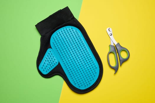 Animal nail scissors and a serrated glove for combing hair