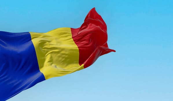 National flag of Romania waving in the wind on a clear day. Vertical tricolour of blue, yellow, and red. 3d illustration render. Fluttering fabric