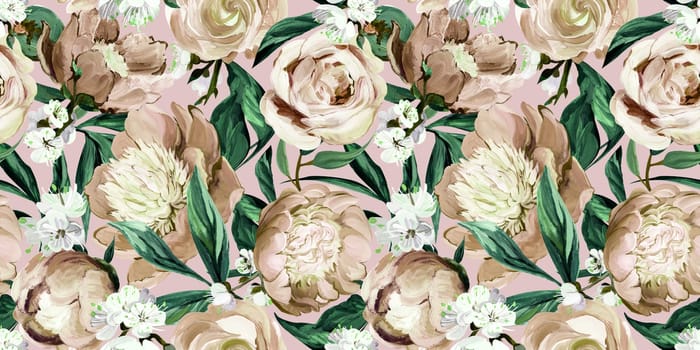 Botanical seamless pattern with peonies and sakura branches drawn in gouache for textile and design