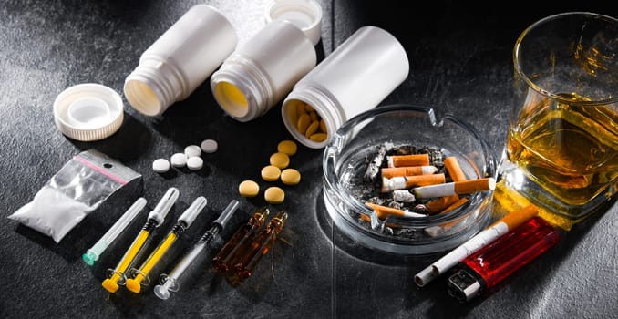 Addictive substances, including alcohol, cigarettes and drugs.