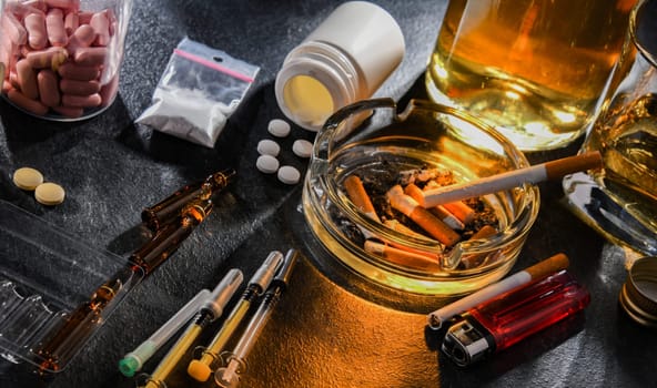 Addictive substances, including alcohol, cigarettes and drugs.