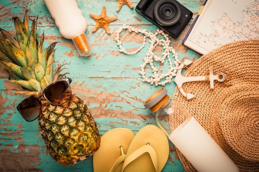 Summer vacation accessories, travel or vacation concept. Summer background.