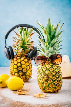 Summer concept - Pineapple hipster in sunglasses and headphones with melon and lemons, creative art fashionable vacation concept