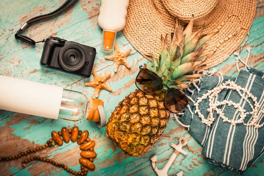 Summer vacation accessories, travel or vacation concept. Summer background.