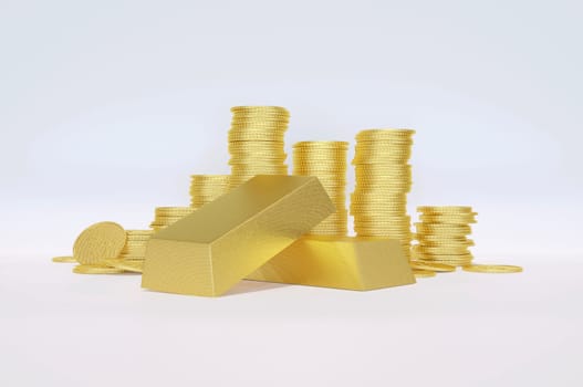 3D render , Stack of gold coin bar currency market financial or investment money banking treasure wealth cash and golden dollar pile on transparent background . Concept business earnings profit.