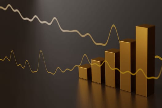 3D Illustration, Growth gold bar financial investment stock diagram on 3d profit graph background of global economy trade price business market  , capital marketing golden banking chart exchange invest  concept. space for text