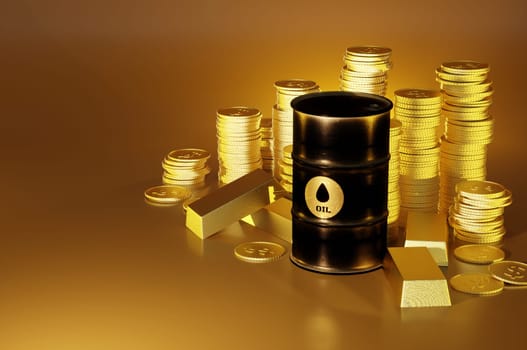 3D Illustration , Oil barrels and gold bars with golden coins . space for text