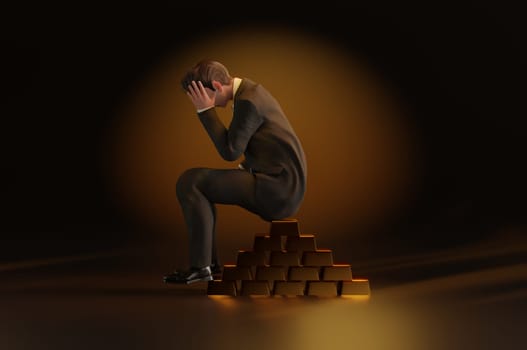 3D Illustration ,  Worried bussiness man investor sitting on stack of gold bars .
