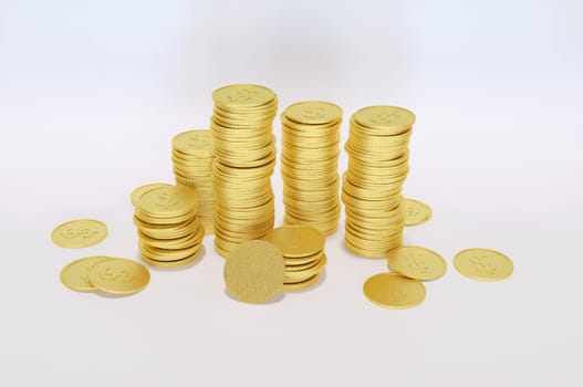 3D render , Stack of gold coin bar currency market financial or investment money banking treasure wealth cash and golden dollar pile on white background . Concept business earnings profit.