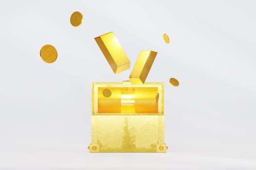 Surprise box money 3d Illustration ,wealth and Investment concept. Ingot and coin of gold treasure chest . SPACE for text