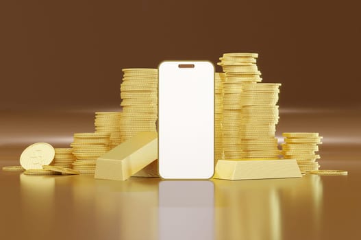 3D Illustration , Investment concept, Smartphone mockup with gold bars and gold coin . space for text