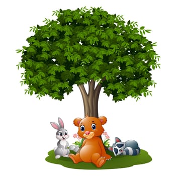 Cartoon wild animals under the tree