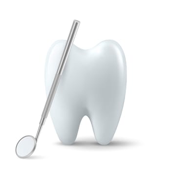 Vector 3d Realistic Dental Inspection Mirror for Teeth with Tooth Icon Closeup Isolated on White Background. Medical Dentist Tool. Design Template, Clipart. Dental Health Concept.