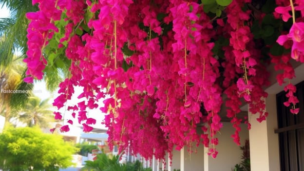 A bunch of pink Bougainvillea flowers hanging from the side of a building