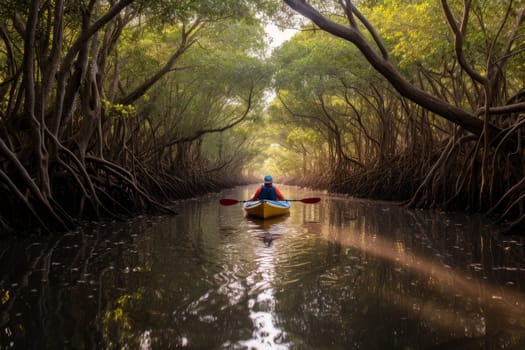 A person in a canoe paddling down a river