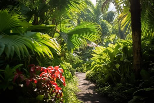 A path through a lush green forest filled with lots of plants