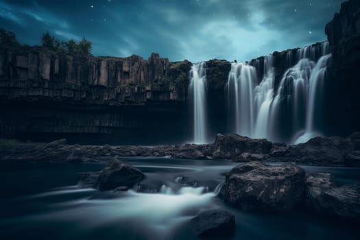 A waterfall in the middle of a body of water in night using long exposure