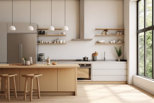 A kitchen with a lot of counter space next to a window