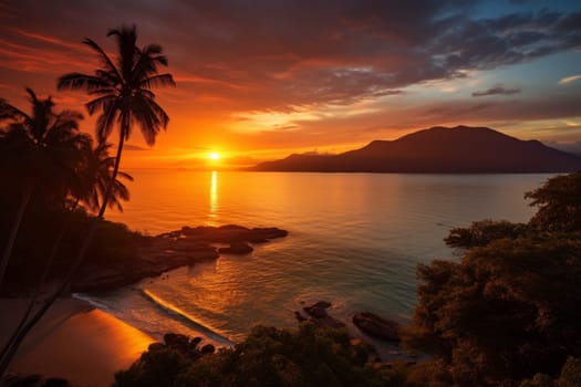 A beautiful sunset over the ocean with palm trees