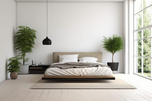 A bedroom with a bed, potted plants, and a large window