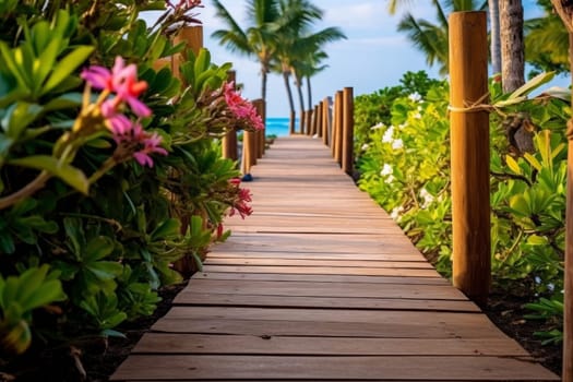 A wooden walkway leading to a beach with palm trees