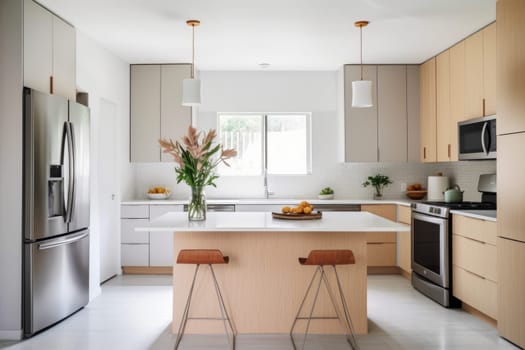 A kitchen with two stools and a center island
