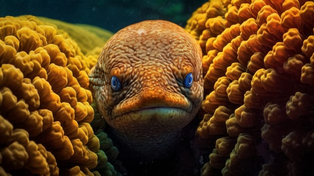 A close up of an eel peeking out from its hiding spot
