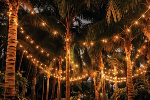 A group of palm trees with lights hanging from them