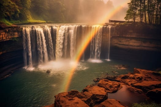 A waterfall with a rainbow in the middle of it