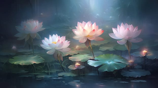 A painting of lotus flowers in a pond