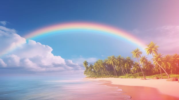 A rainbow over a beach with palm trees