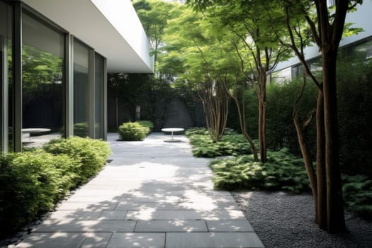A walkway between two buildings with trees