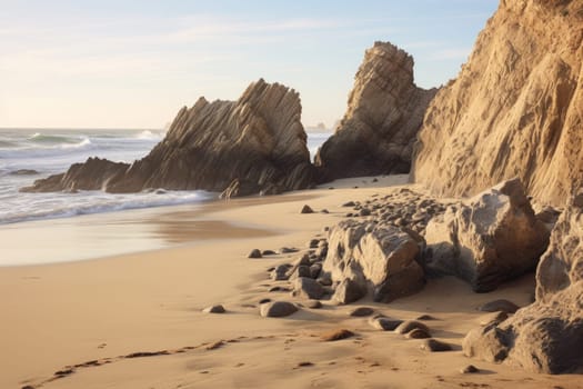 A sandy beach with large rocks on the shore