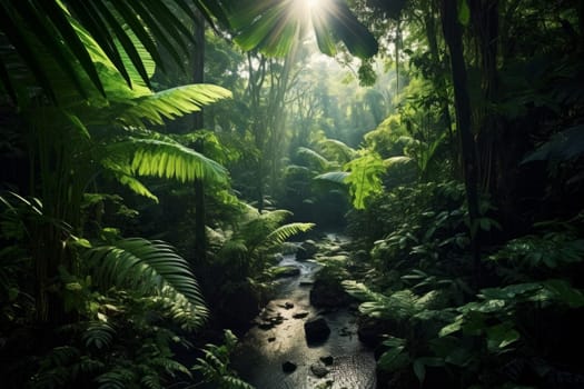 A stream running through a lush green forest