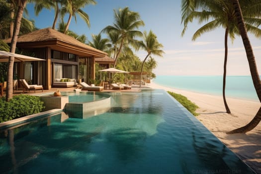 A large swimming pool next to a beach