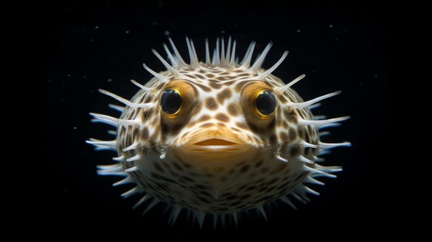 A close up of a puffer fish on a black background