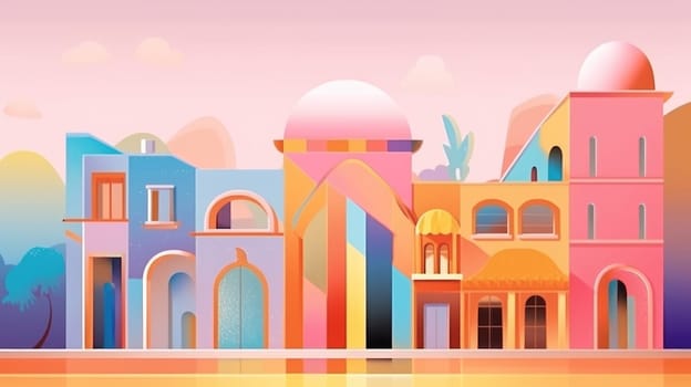 A painting of a colorful city with buildings