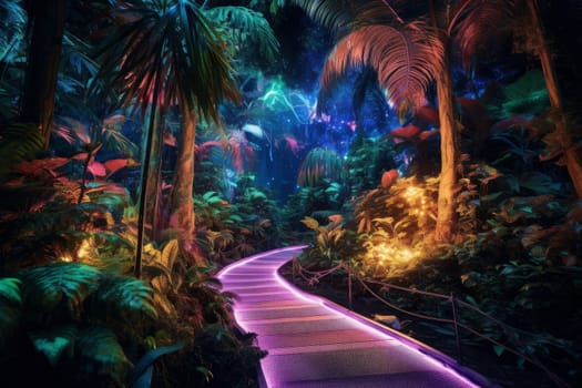 A pathway in a tropical forest lit up with purple lights