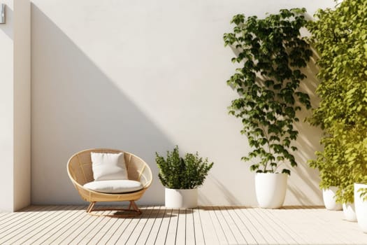 A chair sitting on top of a wooden floor next to potted plants